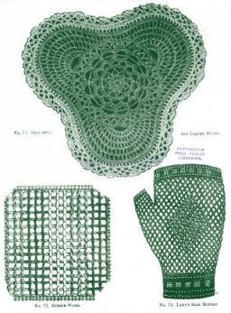 No. 71. SERVIETTE FOR LIQUEUR STAND,
No. 72. RIBBON-WORK,
No. 73. LADY'S SILK MITTENS.
 