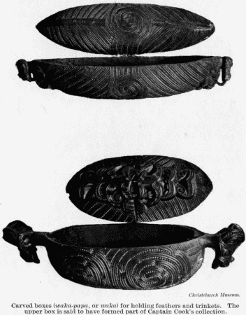 Christchurch Museum.

Carved boxes (waka-papa, or waka) for holding feathers and trinkets.
The upper box is said to have formed part of Captain Cook's collection.