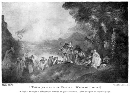 Plate XLVII. L'EMBARQUEMENT POUR CYTH&Egrave;RE. WATTEAU (LOUVRE) A typical example of composition founded on gradated tones. (See analysis on opposite page.) Photo Hanfstaengl
