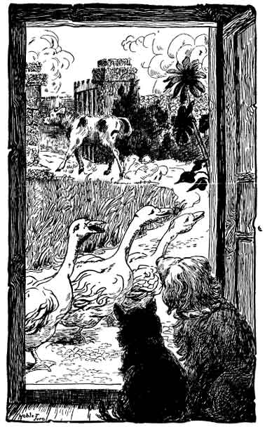 "The gate is open, the brown colt's gone, the brindle
calf's going, and we are thinking about it, quawk! quawk!"