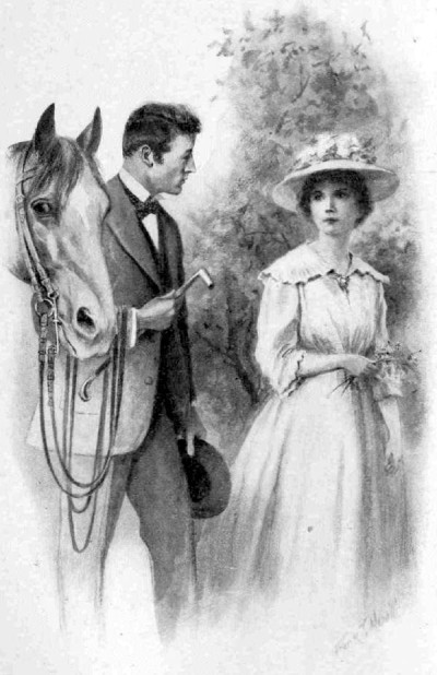 "Holding Bendigo's bridle, he had walked with her to the
Harlow residence."

Page 43.