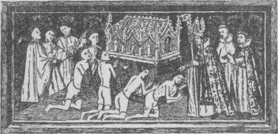 KNIGHTS DOING PENANCE AT A SHRINE.
From a Fifteenth-Century Manuscript.