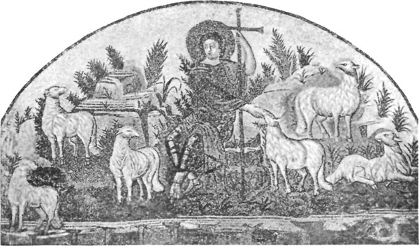 FIG. 19.&mdash;CHRIST AS GOOD SHEPHERD. MOSAIC, RAVENNA,
FIFTH CENTURY.
