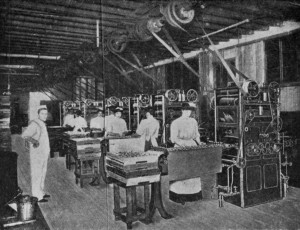 THE ENROBER.
A machine for covering cremes, etc., with chocolate.
Reproduced by permission of Messrs. Savy Jeanjean & Co., Paris.