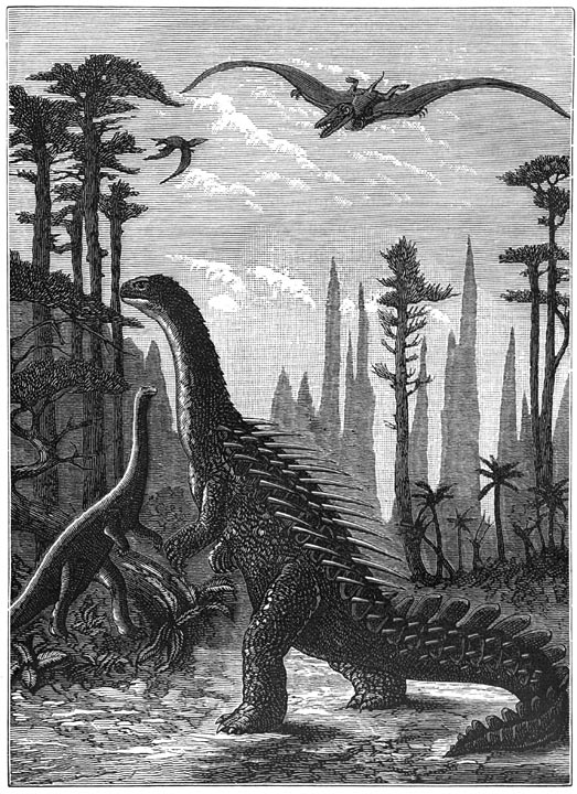Fig. 228. De dinosauren: Stegosaurus en Compsonotus in een landschap van araucaria&rsquo;s.