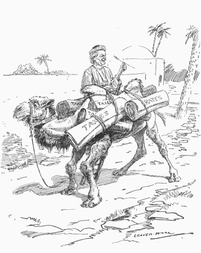 THE LAST STRAW.
THE CAMEL DRIVER. "NOW, WHICH HUMP HAD THIS BETTER GO ON?"
THE CAMEL. "IT'S ALL THE SAME TO ME. IT'S BOUND TO BREAK MY BACK ANYHOW."