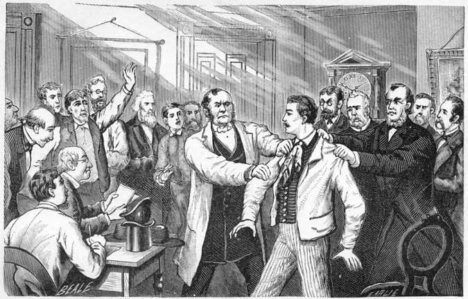 The officers of the law advanced and laid their
hands upon his shoulders--