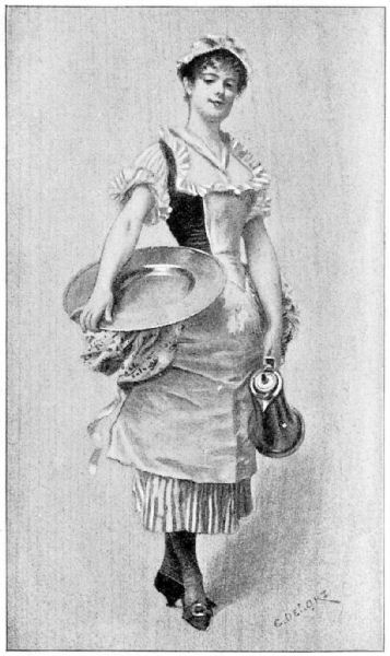 A smiling young woman wearing a floral panniered striped skirt, short
puff-sleeved white shirt and dark coloured bodice, along with an apron and
curly hair pinned up under a simple white cap, stands in a jaunty pose. She
holds a large lidded metal jug in her left hand, and has a large circular
metal platter resting against her right hip, supported by her right hand.
