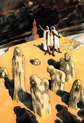 Deucalion and Pyrrha stand in a desolate landscape, under a dark sky, an
altar on the hill top behind them. Human figures rise from the ground in front
of them.