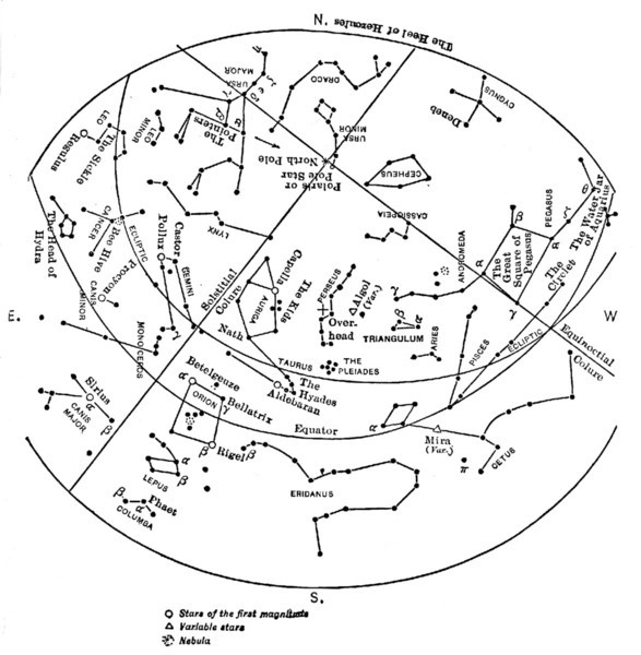 Map showing the principal stars visible from Lat. 40&deg; N. at 9 o'clock, January first.