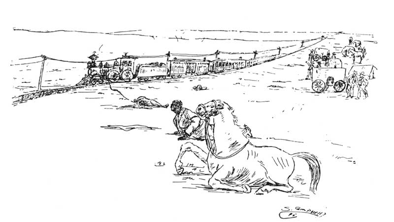 I Rope a Narrow Gauge Engine, my Lariat Settled
Gracefully Around the Smokestack and my Trained Horse Set Himself for
the Shock, but the Engine Set Both Myself and my Horse in the Ditch