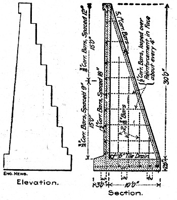Fig. 98.&mdash;Comparison of Plain and Reinforced Sections for
Retaining Walls (C. E. Graff).