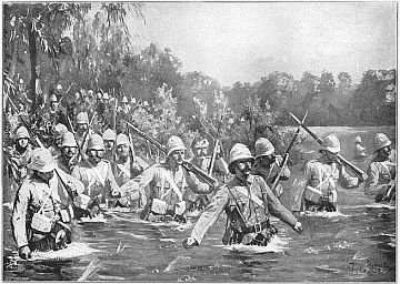 THE BATTLE OF MODDER RIVER, THE ARGYLL AND SUTHERLAND
HIGHLANDERS CROSSING THE DRIFT. Drawing by Allan Stewart.