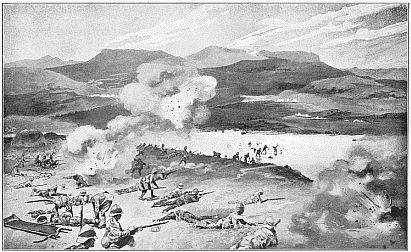 THE BATTLE OF COLENSO&mdash;THE DUBLIN FUSILIERS ATTEMPT
TO FORD THE TUGELA.
Drawing by Rene Bull and Enoch Ward, R.B.A.