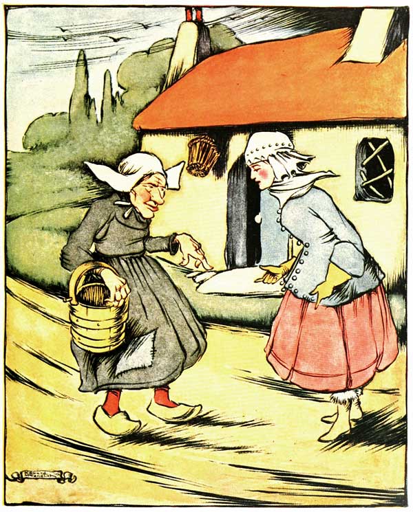 SHE FOUND HERSELF IN FRONT OF A WRETCHED HUT AT THE
DOOR OF WHICH STOOD AN OLD WOMAN, OF WHOM SHE BEGGED SHELTER FOR THE
NIGHT