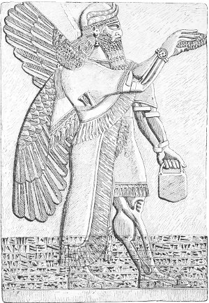 Fig. 4.&mdash;Genius in the attitude of adoration. From the
North-west Palace at Nimroud. Louvre. Drawn by Saint-Elme Gautier.