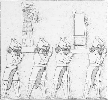 Fig. 13.&mdash;Gods carried in procession; from Layard's
Monuments of Nineveh, first series, pl. 65.