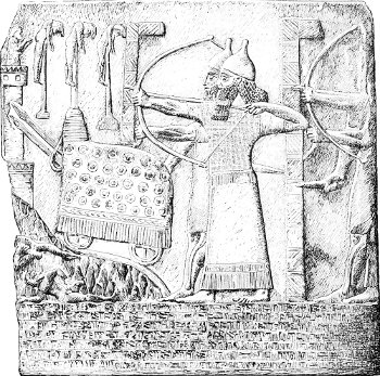 Fig. 26.&mdash;Bas-relief of Tiglath Pileser II.; from Nimroud.
British Museum. Height 44 inches. Drawn by Saint-Elme Gautier.