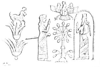 Fig. 69.&mdash;The Seal of Sennacherib. Cylinder of green
feldspar in the British Museum.