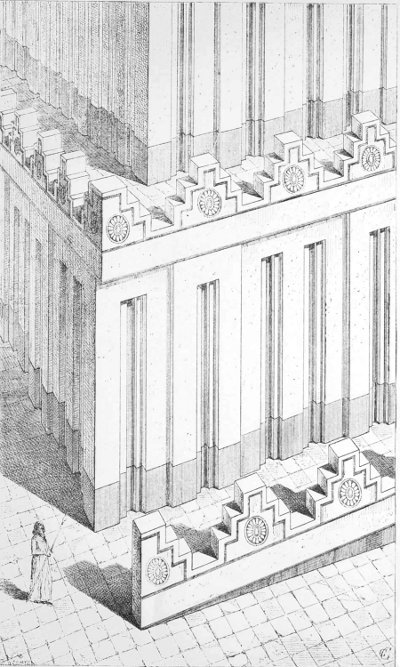 Fig. 102.&mdash;View of an angle of the observatory at Khorsabad;
compiled from Place.