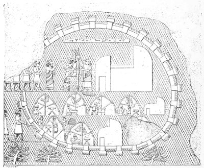 Fig. 156.&mdash;Plan, section, and elevation of a fortified city;
from Layard.