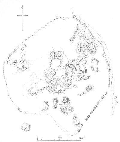 Fig. 172.&mdash;Map of Warka with its ruins; from Loftus.
A, Bouvariia; B, Wuswas; C, ruin from the Parthian epoch; D, building
decorated with coloured cones (see page 279).