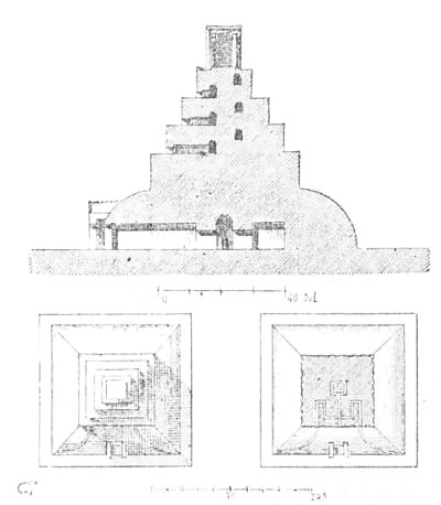 Figs. 180-182.&mdash;Square Assyrian temple. Longitudinal
section, horizontal section and plan.