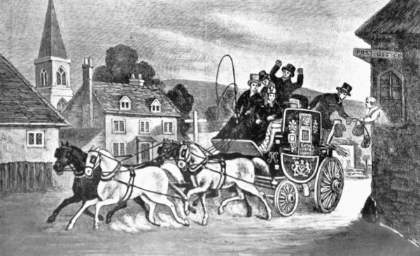 [By permission of Mr. F.E. Baines, C.B. From "On
the Track of the Mail Coach."

THE BRISTOL, BATH AND LONDON COACH TAKING UP MAILS WITHOUT HALTING.