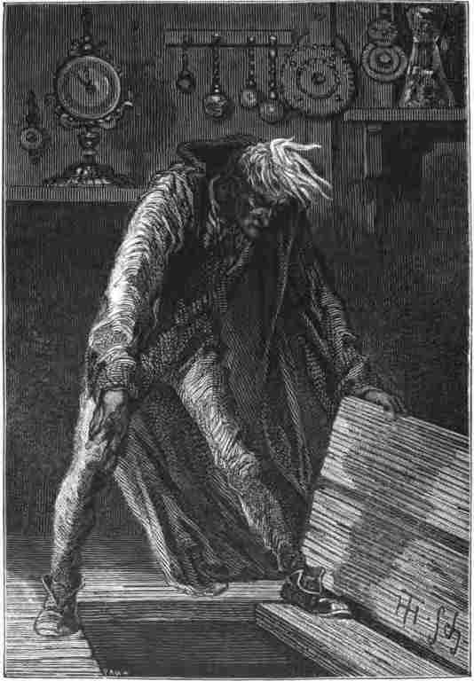 he would raise the trap door constructed in the
floor of his workshop.