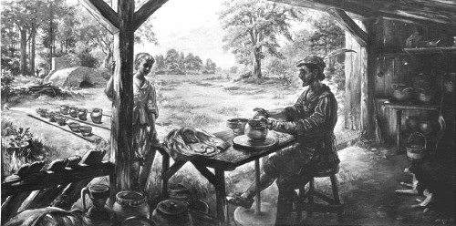 Pottery-making as it may have been done in the early
years at Jamestown where such work was carried on. A painting by Sidney
King for Colonial National Historical Park.
