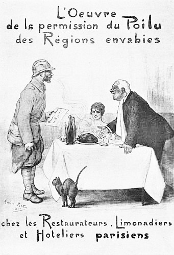 A poster inviting the proprietors of restaurants and
hotels and their guests to welcome the soldiers who have permission to
visit Paris, especially those who come from the districts invaded by
the Germans.
