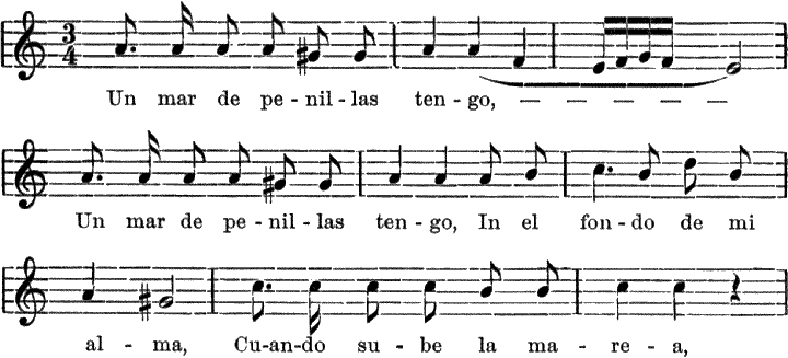 Un mar de pe-nil-las ten-go, &mdash; &mdash; &mdash; &mdash; &mdash; Un mar de pe-nil-las ten-go, In el fon-do de mi al-ma, Cu-an-do su-be la ma-re-a,