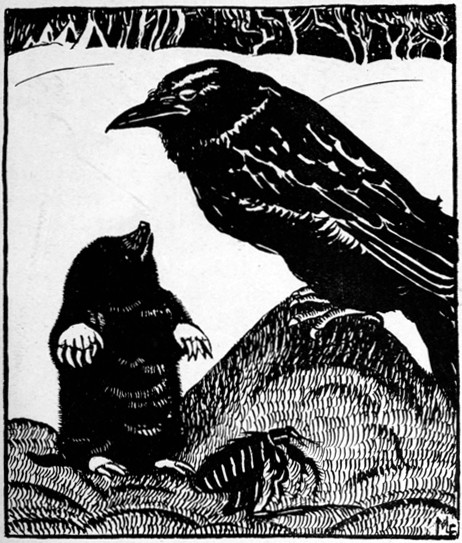THEN RAVEN ASKED THE MOLE TO TRY, BUT MOLE SAID, "OH,
NO, I AM BETTER FITTED FOR OTHER WORK,&mdash;MY FUR WOULD ALL BE SINGED"
