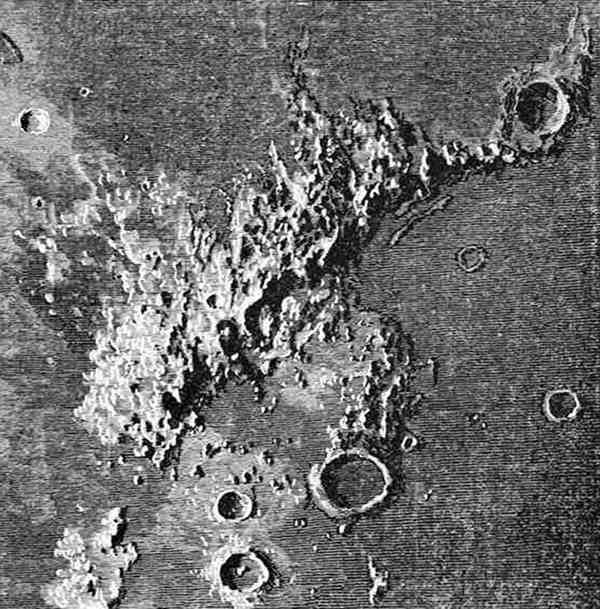 Fig. 7.

The Lunar Apennines.

(Copied by kind permission of MM. Henri from part of a
magnificent photograph
taken by them, March 29, 1890, at the Paris Observatory.)