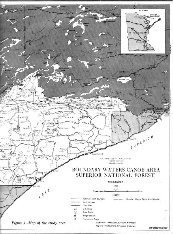 Figure 1 (right half)&mdash;Map of the study area.
BOUNDARY WATERS CANOE AREA SUPERIOR NATIONAL FOREST