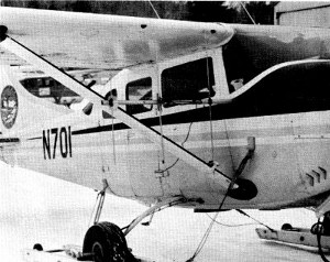 Figure 13.&mdash;Directional yagi antennas fastened
to the wing struts of the aircraft were necessary
to "home in" on the wolves. (Photo
courtesy of U.S. Bureau of Sport Fisheries
and Wildlife.)