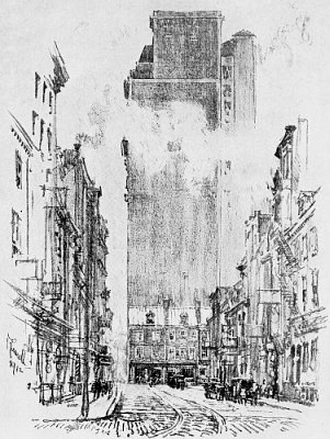 DOWN SANSOM STREET FROM EIGHTH STREET.
THE LOW HOUSES AT SEVENTH STREET HAVE SINCE BEEN TORN DOWN AND THE WESTERN END OF THE CURTIS BUILDING NOW OCCUPIES
THEIR PLACE