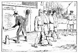 [Dutch Cartoon]
Austria and America
&mdash;From De Amsterdammer, Amsterdam.
German Drill Sergeant: "Now, Austrians! Eyes front! Mark time! Keep your
eyes on me!"