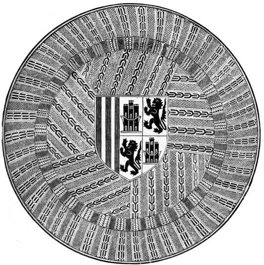 SALVER, DIAPERED IN GOLDEN LUSTRE, WITH THE SHIELD OF
ARAGON, LEON, AND CASTILE. HISPANO-MORESCO. 15TH OR 16TH CENTURY. SOUTH KENSINGTON MUSEUM.