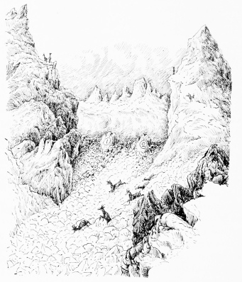 A CHAMOIS DRIVE&mdash;PICOS DE EUROPA

Diagram illustrative of text. Our positions on arête marked (1) and (2);
“Cathedral” on right. Valley beyond full of driving mist (passing our
power to depict).