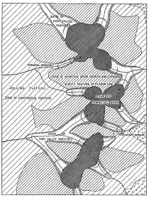 Fig. 36&mdash;Regional diagram for the Eastern Cordillera or
Cordillera Vilcapampa. Note the crowded zones on the right (east and
north) in contrast to the open succession on the left. In sheltered
places woodland extends even higher than shown. At several points
patches of it grow right under the snowline. Other patches grow on the
floors of the glaciated valley troughs.