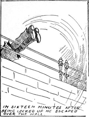 IN SIXTEEN MINUTES AFTER BEING LOCKED UP HE ESCAPED OVER
THE WALL.