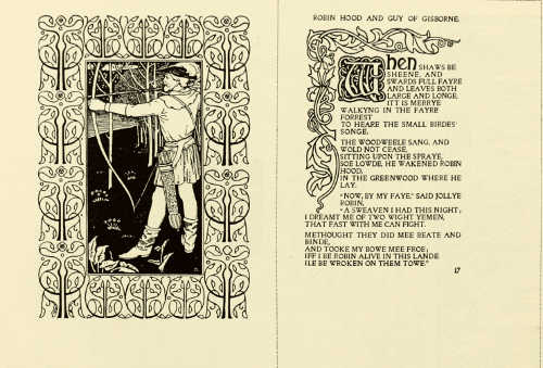 ILLUSTRATION AND PAGE OF TEXT FROM “ROBIN HOOD BALLADS.”
DESIGNED BY R. JAMES WILLIAMS. PUBLISHED BY THE VINCENT PRESS