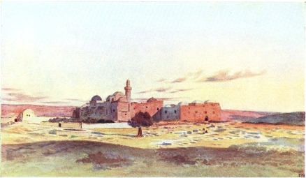 “THE CENACULUM.” SITE OF THE HOUSE OF THE LAST SUPPER

The mass of buildings shown includes, in the centre of the block, the
remains of the Chapel built by the Empress Helena over the site of the
house of the Last Supper. The Tomb of David at the left-hand extremity
is surmounted by a dome. Time, sunset.