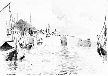 The Sea-walls of Constantinople

Above them rises the dome of Little St. Sophia, behind which again looms
the mighty Mosque of Achmet.