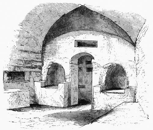 Illustration: Fig. 130.&mdash;Chamber in the Catacomb of St. Agnes, with
seats for Catechists and Catechumens.
