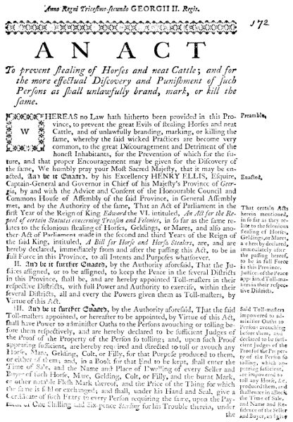 An Act to Prevent Stealing of
Horses and Neat Cattle; and for the More Effectual
Discovery and Punishment of Such Persons
as Shall Unlawfully Brand, Mark, or Kill
the Same. Printed by James Johnston.