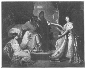 David playing his harp before King Saul.

From the painting by Schopin