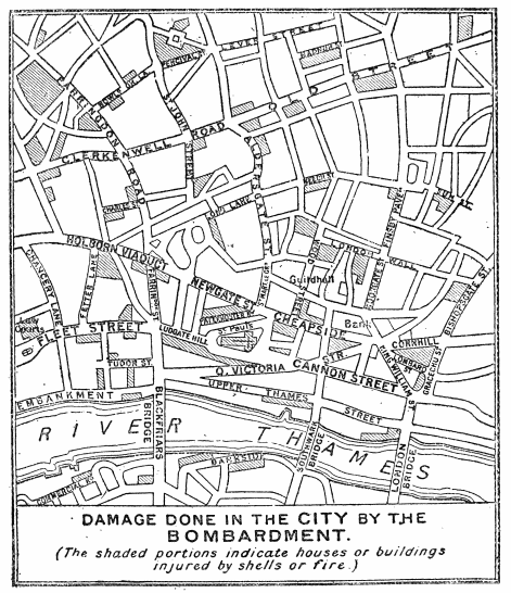Image unavailable: DAMAGE DONE in the CITY by the BOMBARDMENT.

(The shaded portions indicate houses or buildings injured by shells or
fire.)