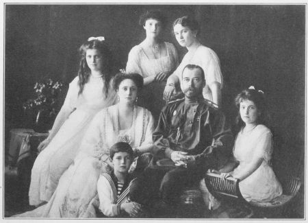 Image unavailable: THE ROYAL FAMILY

Seated, from left to right: The Grand-Duchess Marie; the Czarina,
with the little Grand-Duke Alexis at her knee; the Czar; the
Grand-Duchess Anastasia, the youngest of the four girls. Standing,
from left to right: The Grand-Duchess Tatiana, and the
Grand-Duchess Olga immediately behind her father.
